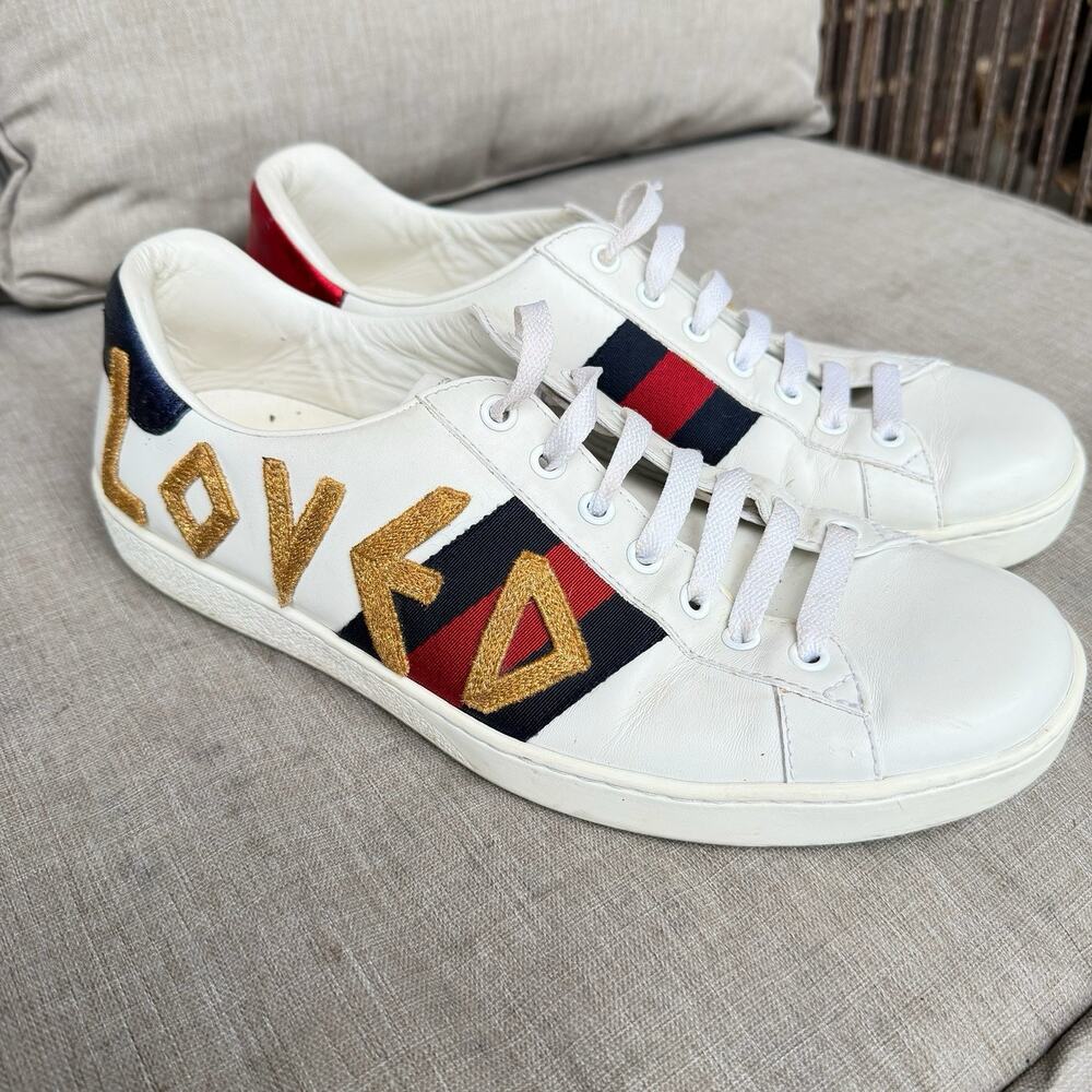 Gucci Ace 'Loved' White Leather Low Top Sneakers 497090 Sz 8